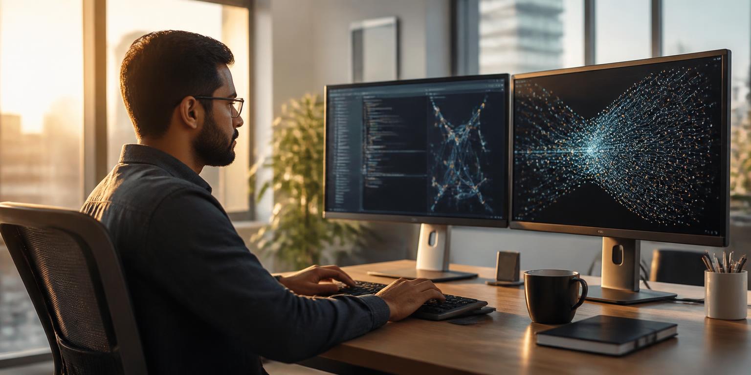 AI engineer working at a dual-monitor desk with neural network visualizations and code