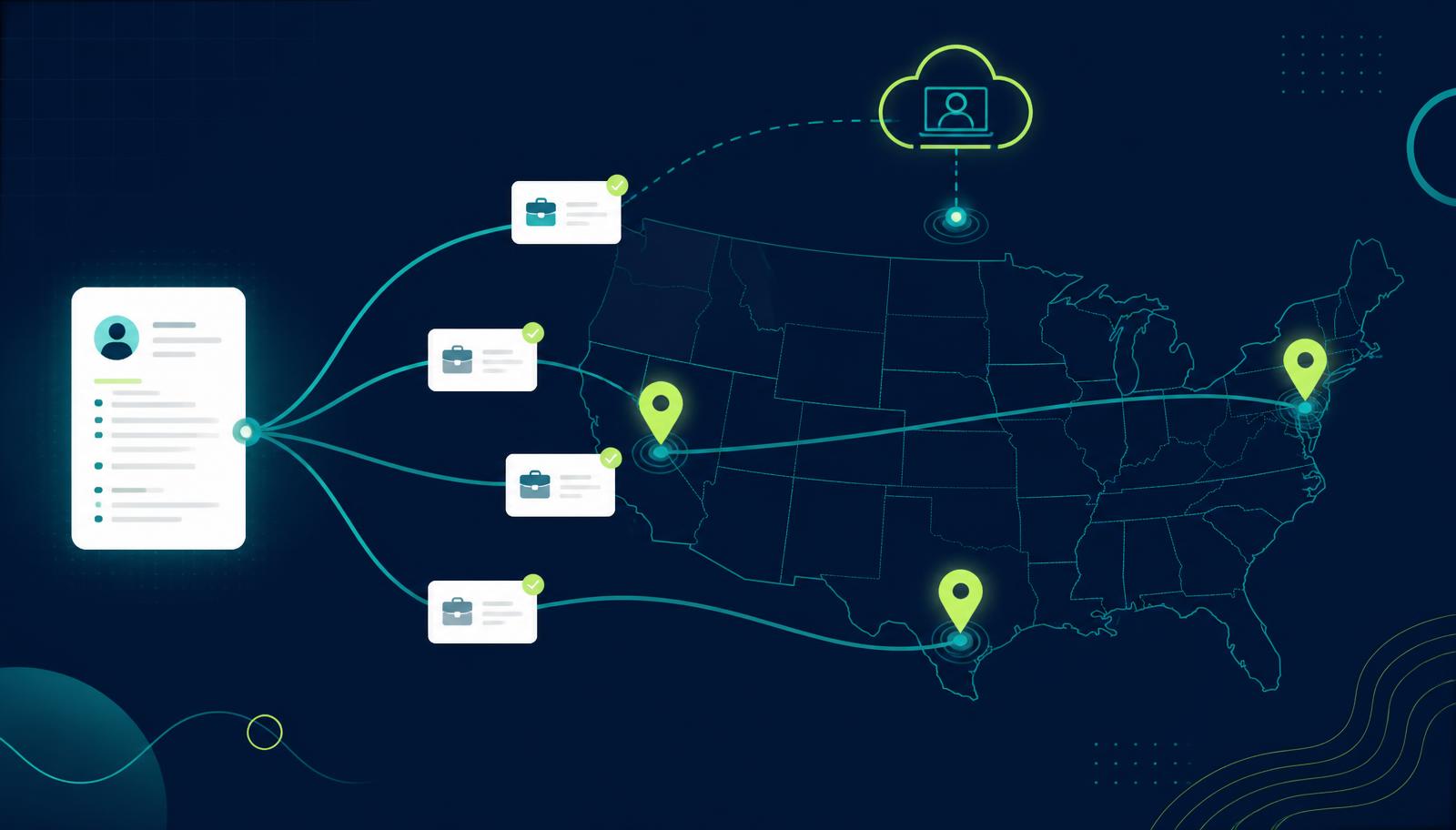 Deep navy US map with glowing pins on New York, the San Francisco Bay Area and Austin plus a remote work cloud, with tailored job applications flowing from one resume