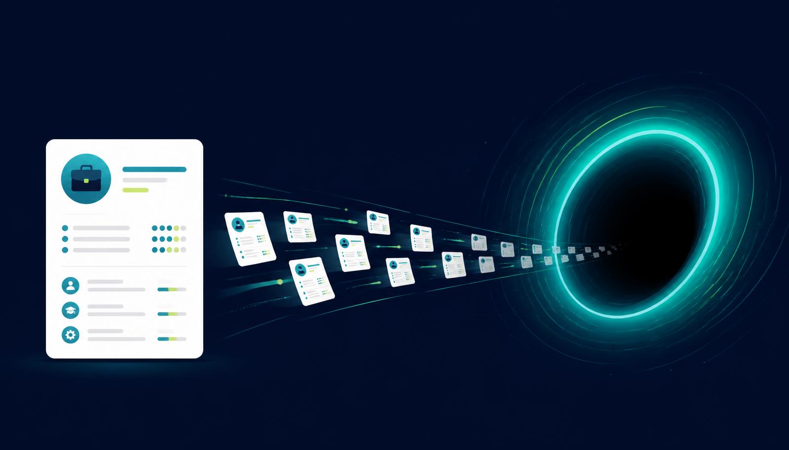 Resume card on a deep navy background with a stream of job application cards being pulled into a glowing teal black hole