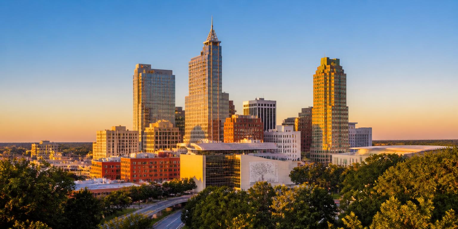 Downtown Raleigh North Carolina skyline at golden hour for Raleigh job seekers
