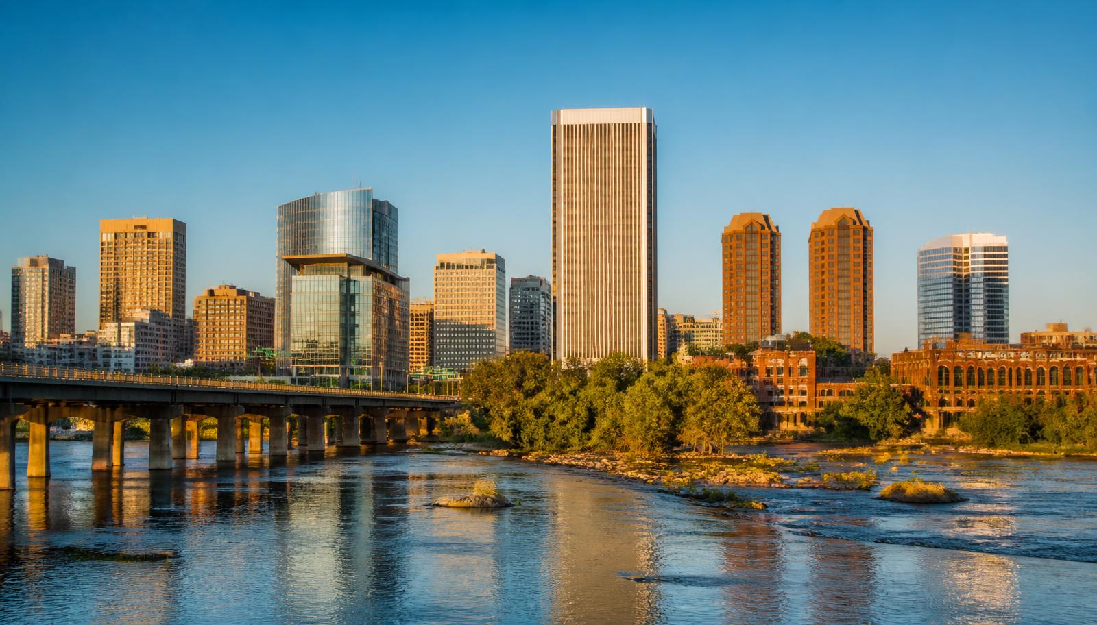 Downtown Richmond Virginia skyline along the James River for Richmond job seekers