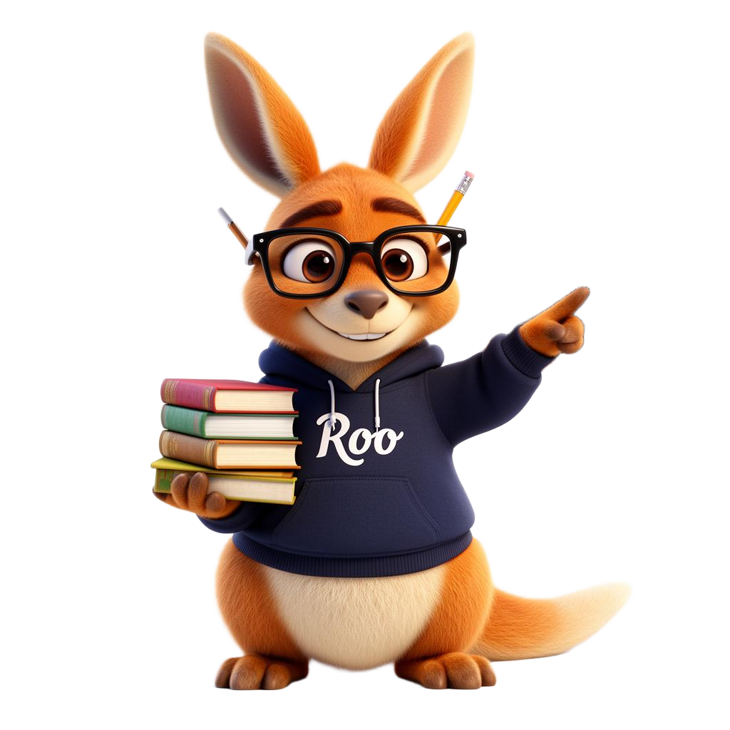 Roo the kangaroo wearing reading glasses, studying job hunt playbooks
